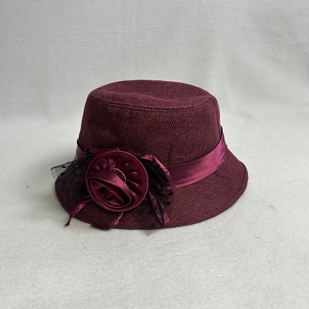 Vintage 20S Style Women 57 Burgundy Straw Cloche Hat Rosette‎ Mesh Accent